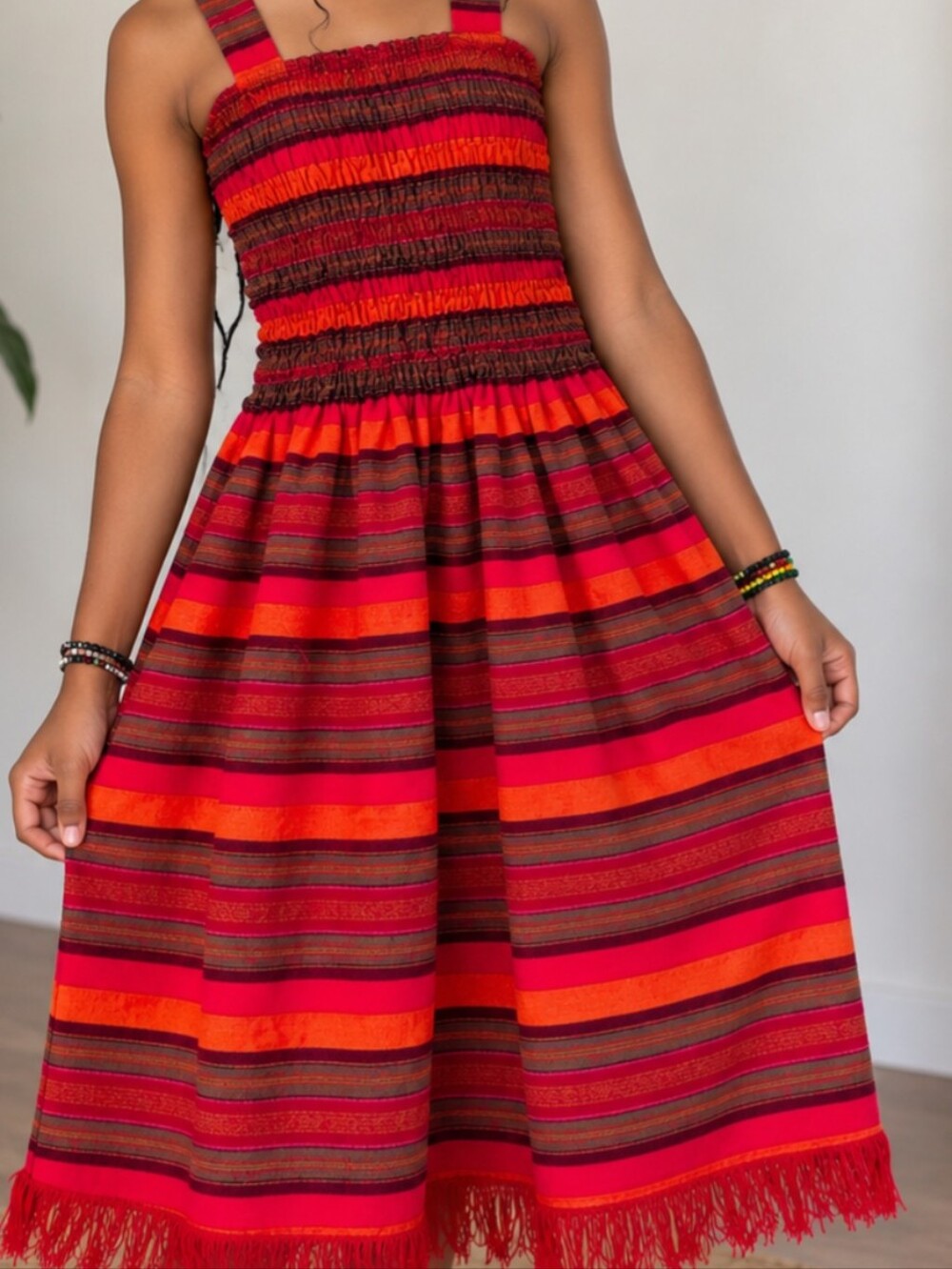 Handmade African Girls Woven Dress Smocked Fringe Hem Red Orange Fits Ages 10-15
